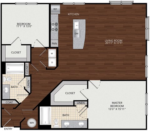 Floor plan for 2 beds, 2 baths, 1407 sqft