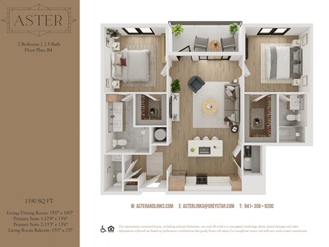 Floor plan for 2 beds, 2.5 baths, 1190 sqft