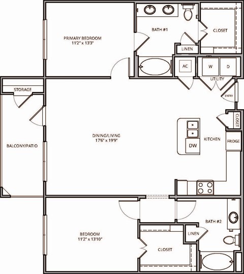 Floor plan for 2 beds, 2 baths, 1225 sqft