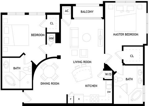 Floor plan for 2 beds, 2 baths, 1264 sqft