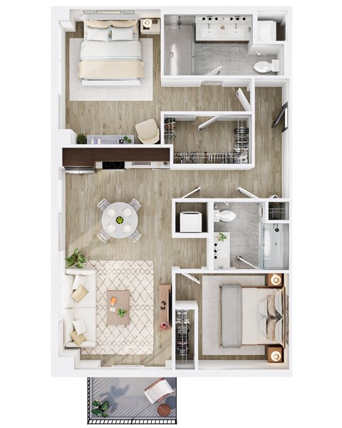 Floor plan for 2 beds, 2 baths, 1066 sqft