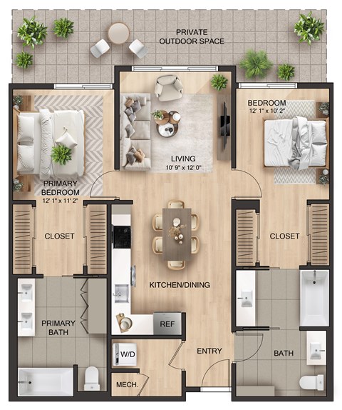 Floor plan for 2 beds, 2 baths, 1130 sqft
