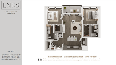 Floor plan for 2 beds, 2.5 baths, 1190 sqft