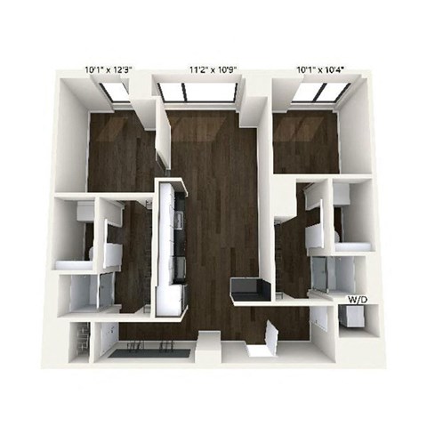 Floor plan for 2 beds, 2 baths, 990 sqft