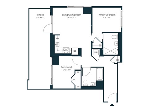 Floor plan for 2 beds, 2 baths, 911 sqft