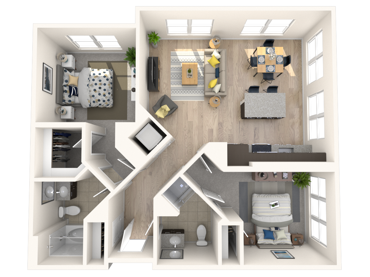 Floor plan for 2 beds, 2 baths, 986 sqft