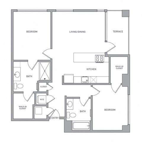 Floor plan for 2 beds, 2 baths, 1033 sqft