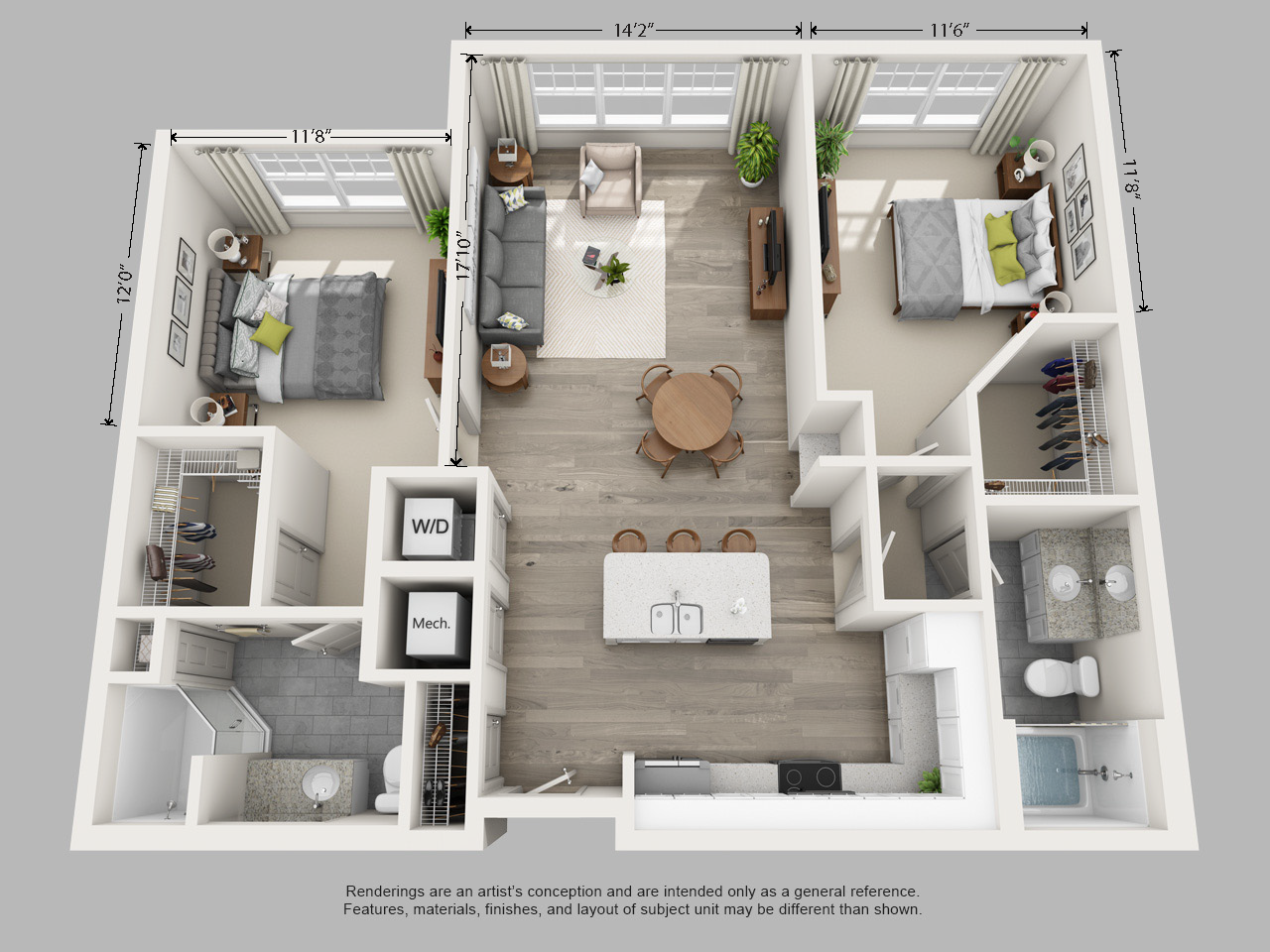 Floor plan for 2 beds, 2 baths, 1152 sqft