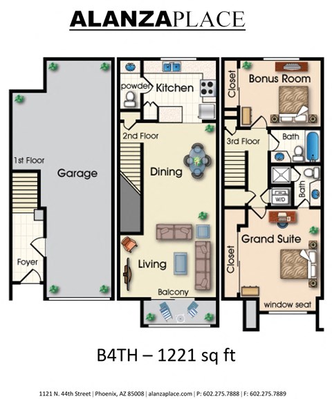 Floor plan for 2 beds, 2.5 baths, 1221 sqft
