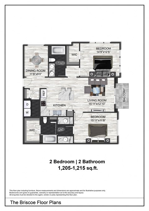 Floor plan for 2 beds, 2 baths, 1259 sqft