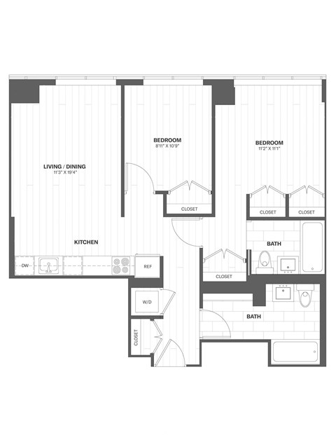 Floor plan for 2 beds, 2 baths, 857 sqft