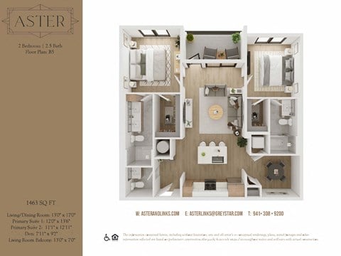 Floor plan for 2 beds, 2.5 baths, 1463 sqft