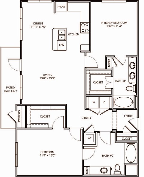 Floor plan for 2 beds, 2 baths, 1244 sqft