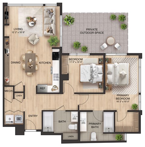 Floor plan for 2 beds, 2 baths, 1172 sqft