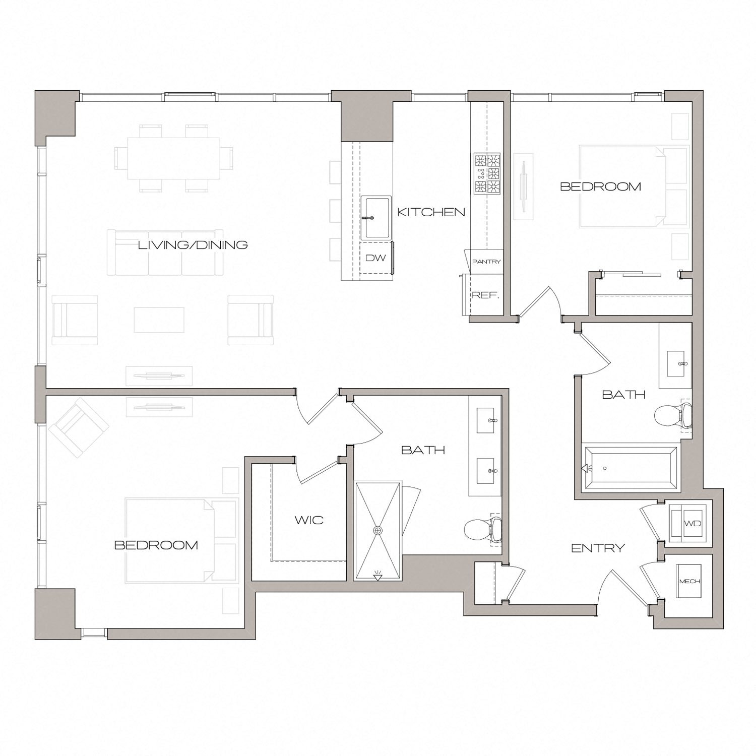 Floor plan for 2 beds, 2 baths, 1283 sqft