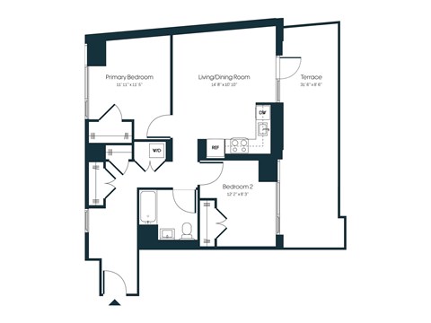 Floor plan for 2 beds, 2 baths, 930 sqft