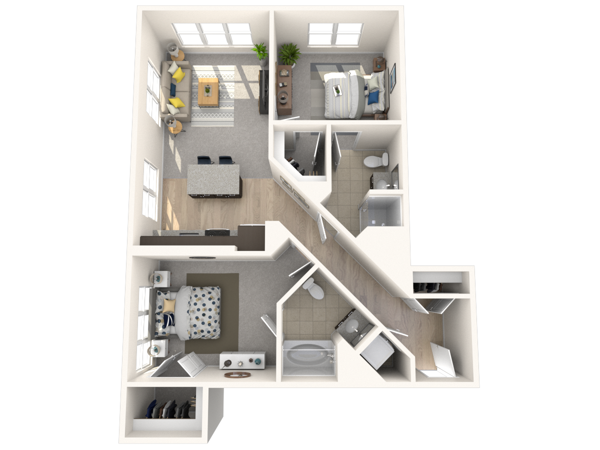 Floor plan for 2 beds, 2 baths, 996 sqft