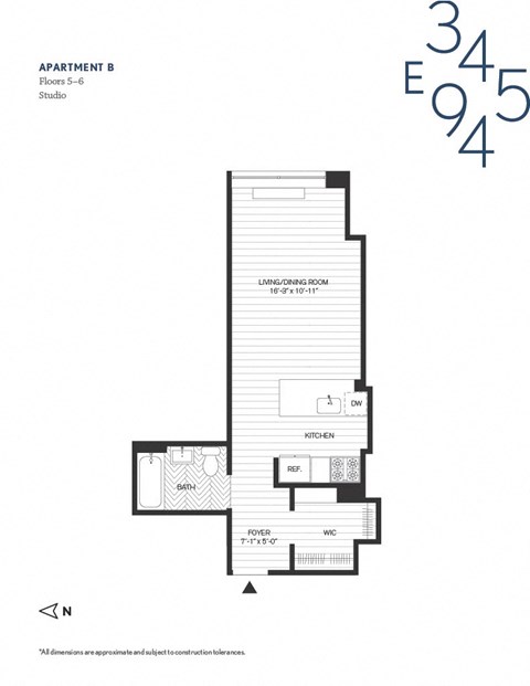 Floor plan for studio, 1 bath, 445 sqft