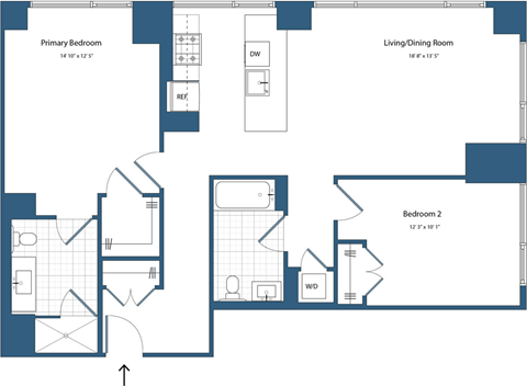 Floor plan for 2 beds, 2 baths, 1087 sqft