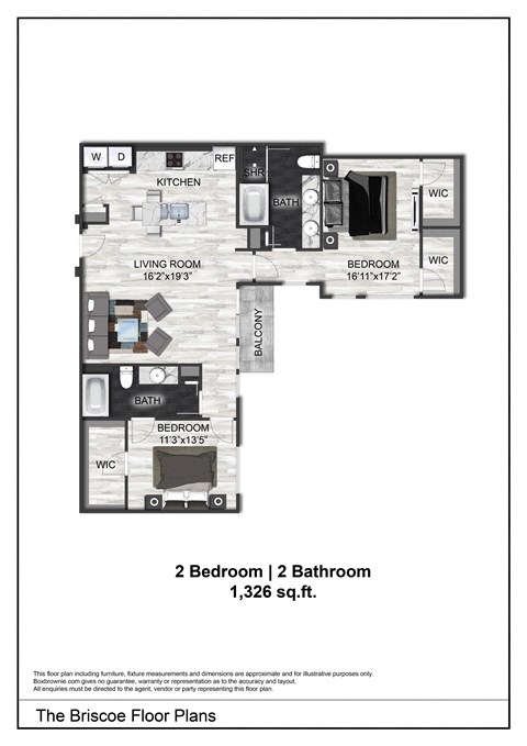 Floor plan for 2 beds, 2 baths, 1326 sqft