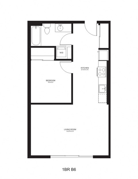 Floor plan for 1 bed, 1 bath, 665 sqft