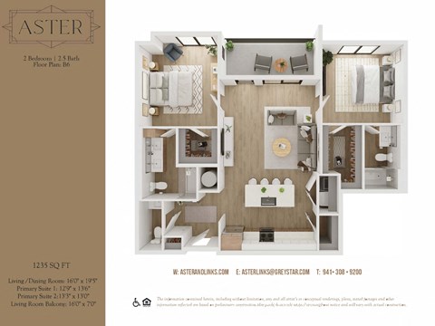 Floor plan for 2 beds, 2.5 baths, 1235 sqft