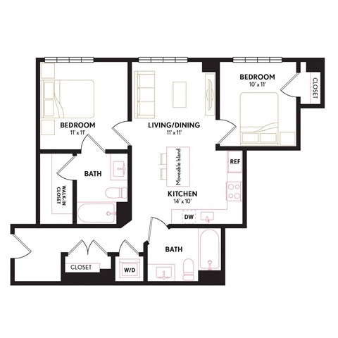 Floor plan for 2 beds, 2 baths, 852 sqft