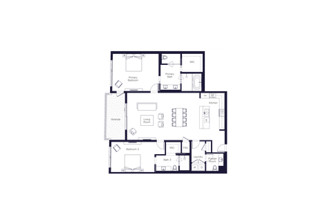 Floor plan for 2 beds, 2.5 baths, 2029 sqft