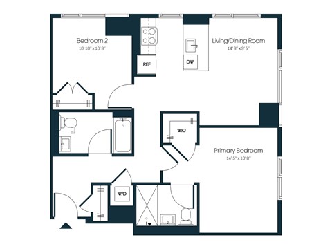 Floor plan for 2 beds, 2 baths, 970 sqft