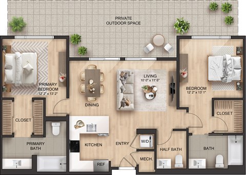 Floor plan for 2 beds, 2 baths, 1195 sqft