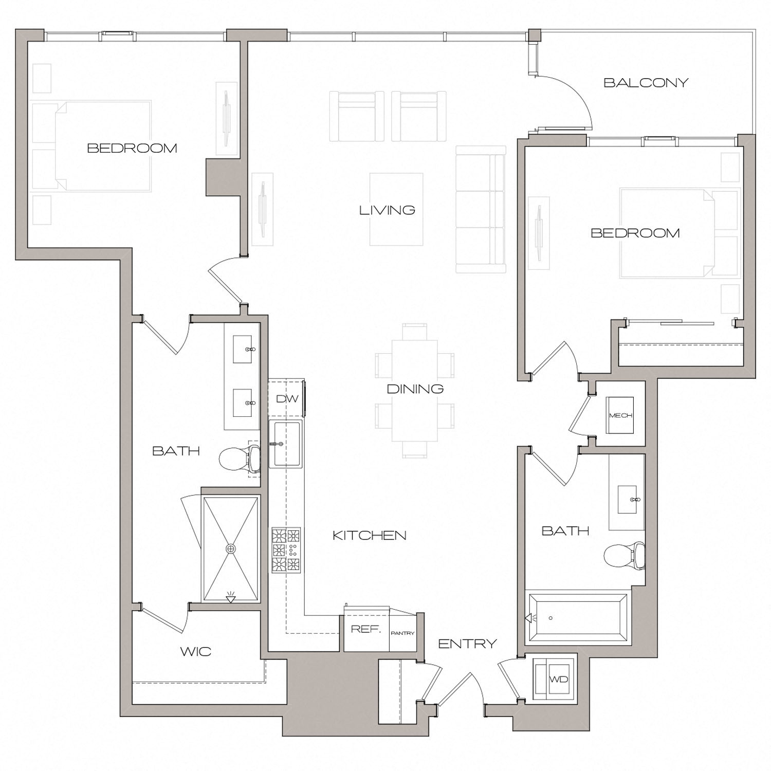 Floor plan for 2 beds, 2 baths, 1188 sqft