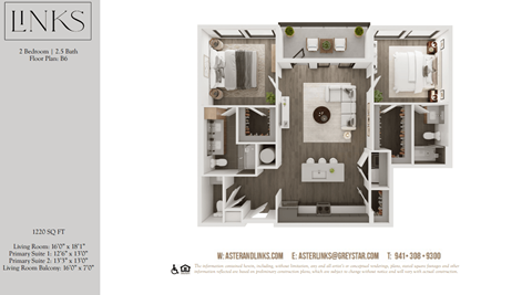 Floor plan for 2 beds, 2.5 baths, 1220 sqft