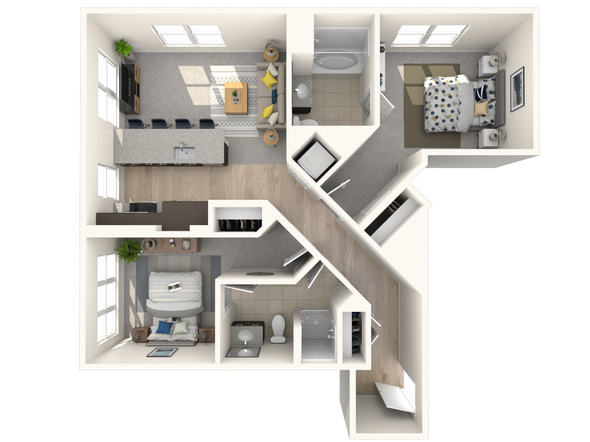 Floor plan for 2 beds, 2 baths, 1000 sqft