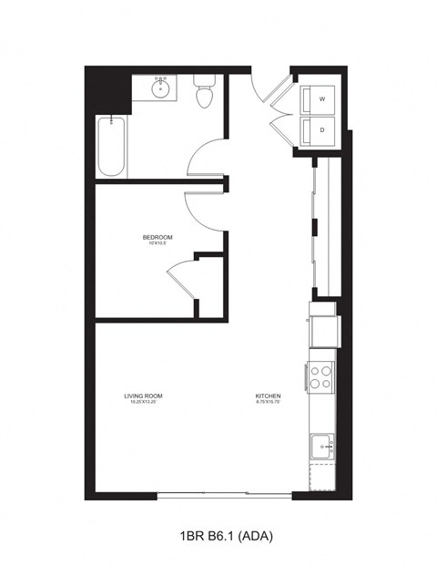 Floor plan for 1 bed, 1 bath, 670 sqft