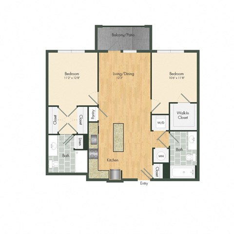 Floor plan for 2 beds, 2 baths, 966 sqft