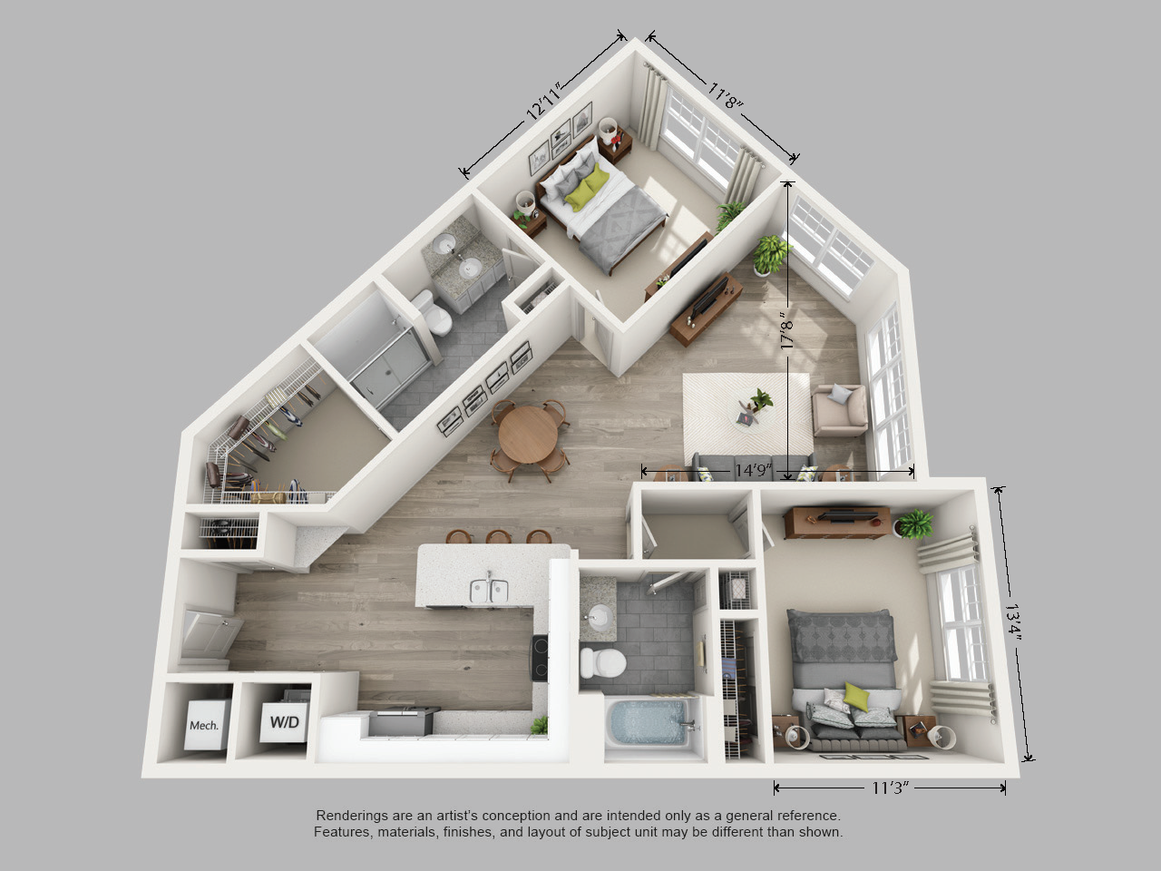 Floor plan for 2 beds, 2 baths, 1201 sqft