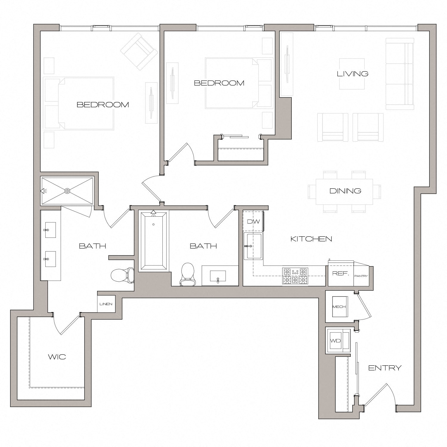 Floor plan for 2 beds, 2 baths, 1172 sqft