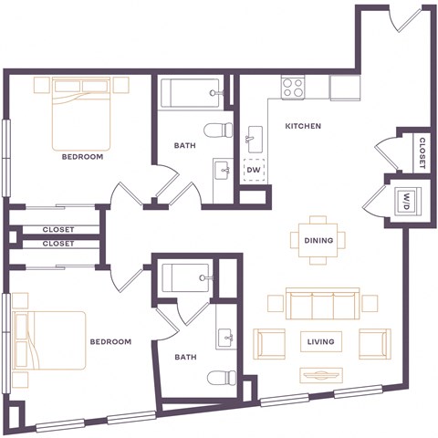 Floor plan for 2 beds, 2 baths, 854 sqft