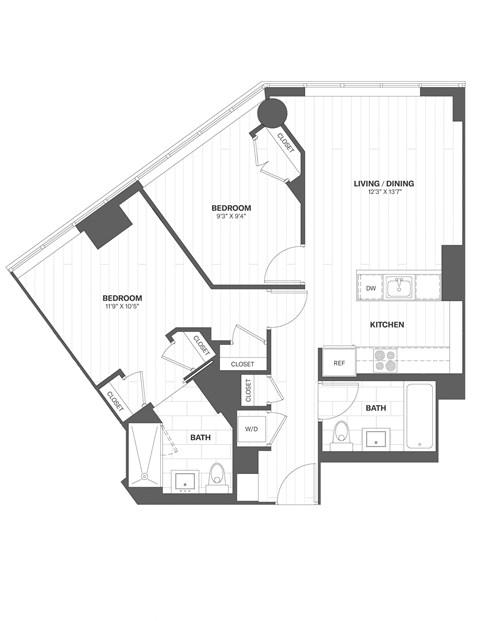 Floor plan for 2 beds, 2 baths, 888 sqft
