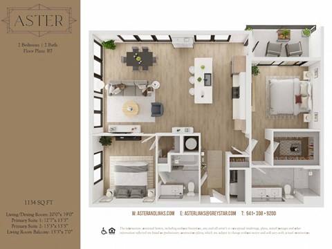 Floor plan for 2 beds, 2 baths, 1134 sqft