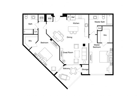 Floor plan for 2 beds, 2 baths, 1325 sqft