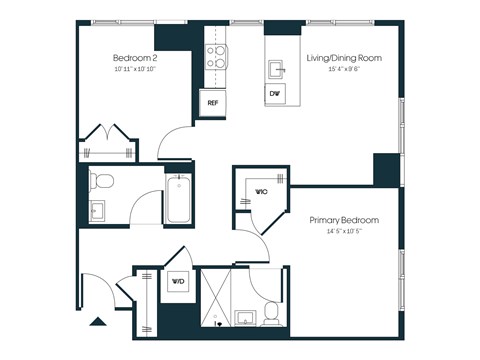 Floor plan for 2 beds, 2 baths, 997 sqft
