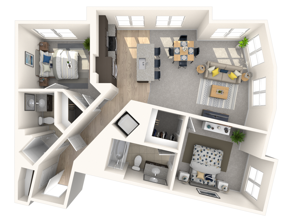 Floor plan for 2 beds, 2 baths, 1039 sqft