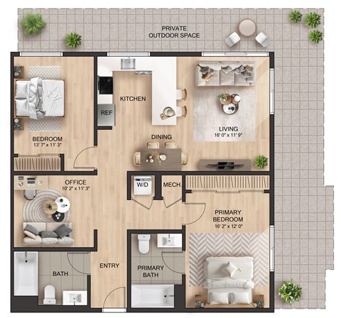 Floor plan for 2 beds, 2 baths, 1230 sqft