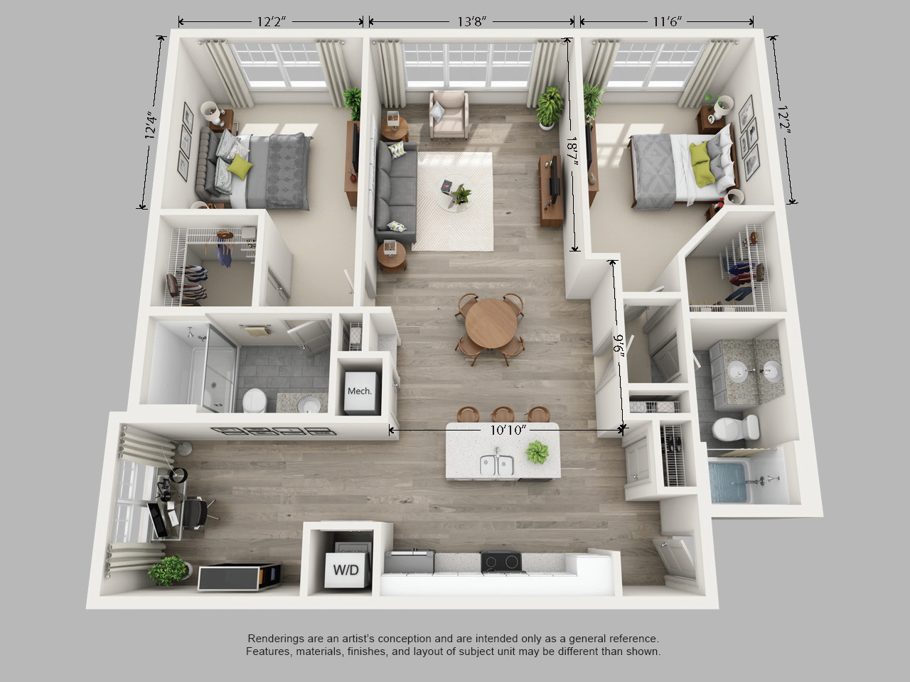 Floor plan for 2 beds, 2 baths, 1352 sqft