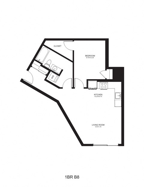 Floor plan for 1 bed, 1 bath, 730 sqft