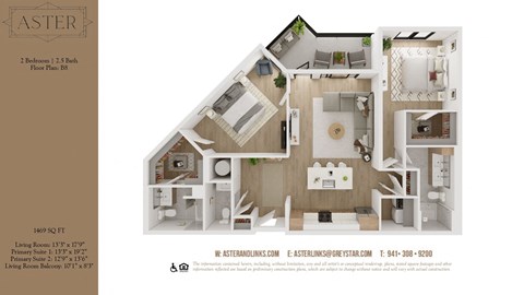 Floor plan for 2 beds, 2.5 baths, 1469 sqft