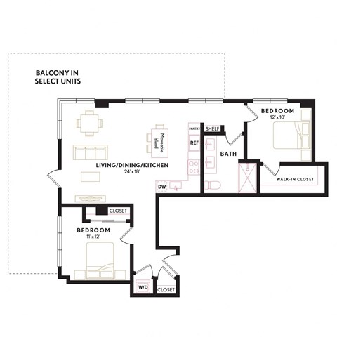 Floor plan for 2 beds, 2 baths, 1007 sqft