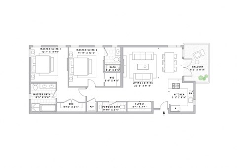 Floor plan for 2 beds, 2.5 baths, 1165 sqft