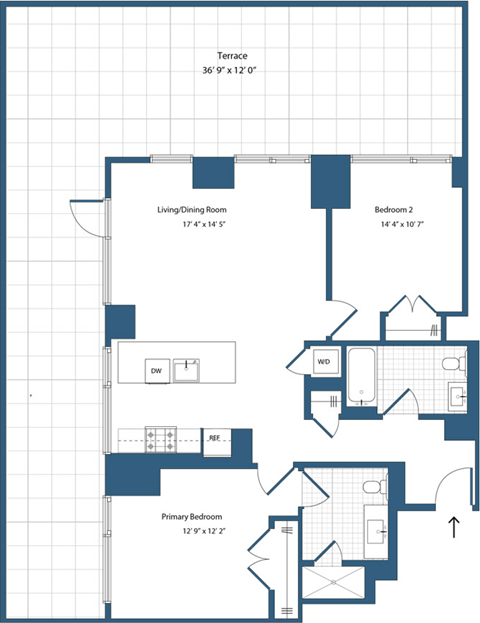 Floor plan for 2 beds, 2 baths, 1039 sqft